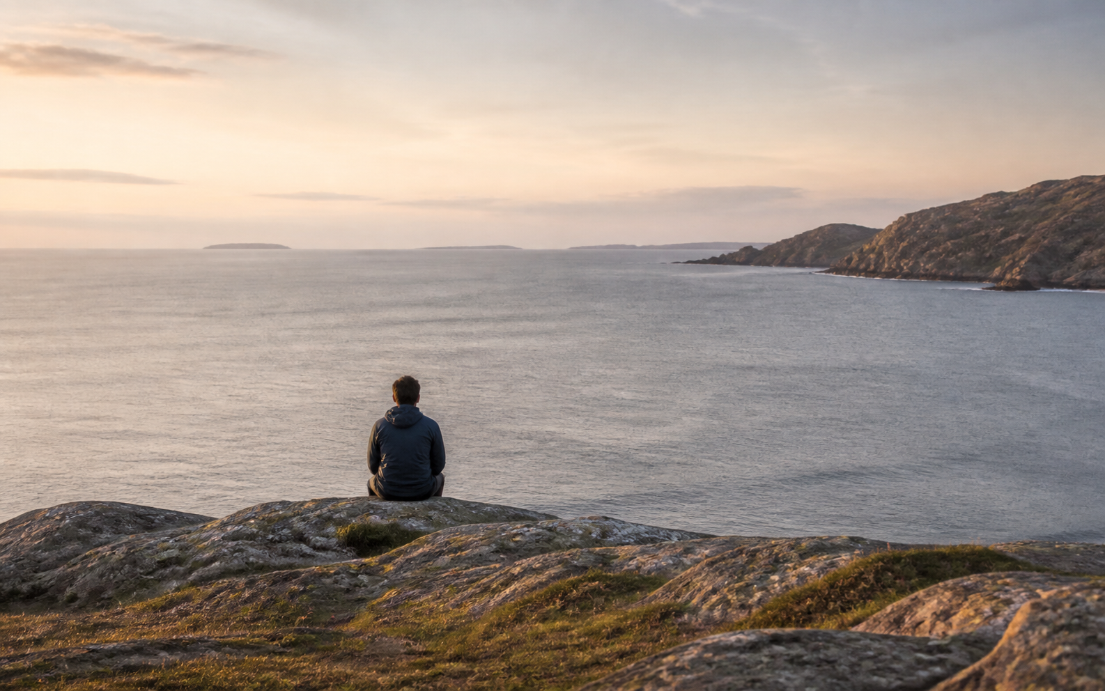 A person seated on coastal rocks looking across a calm sea.